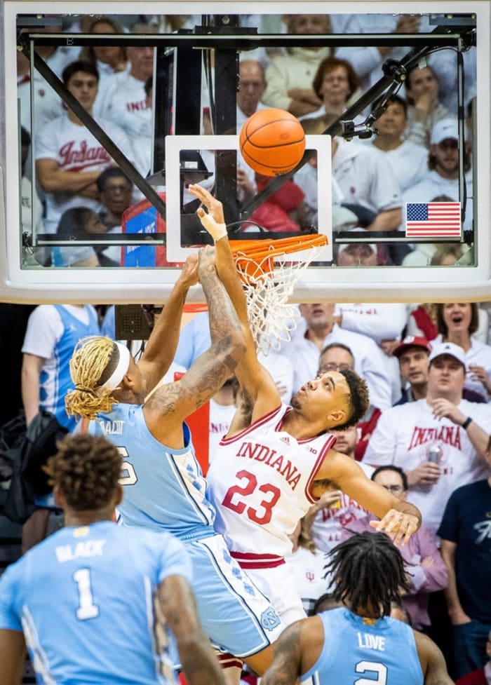Indiana's Trayce Jackson-Davis defends North Carolina's Armando Bacot (5) during the Indiana versus North Carolina men's basketball game.